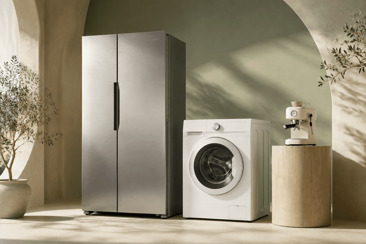 A refrigerator, washing machine and coffee maker in a warm, sunlit interior